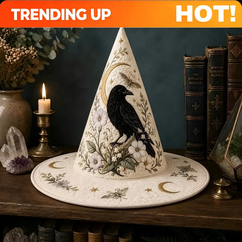 Customization Women's Vintage Quilted Beige Witch Hat With Crow Moon Raven Floral Star Patterns - Gothic Wizard Hat Suitable For