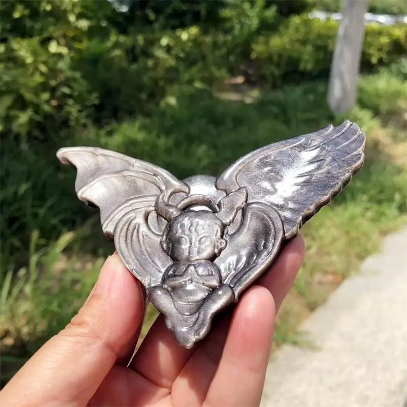 

Natural Silver Obsidian Devil Baby Carving Memnon Megalith Powerful Statue For Home Room Decoration Gift 1PCS