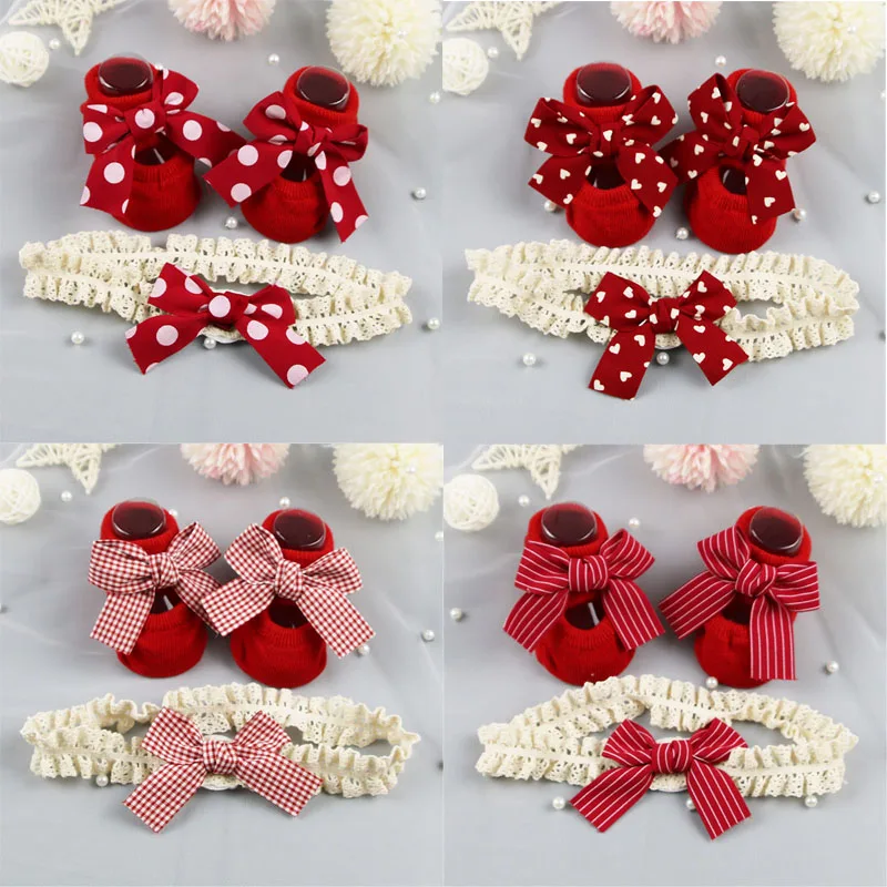 2Pcs/Set Korean Baby Headband Socks Red BowKnot Girl Hair Band Lovely Dot Striped Plaid Bows Infant Sock Kid Hair Accessories