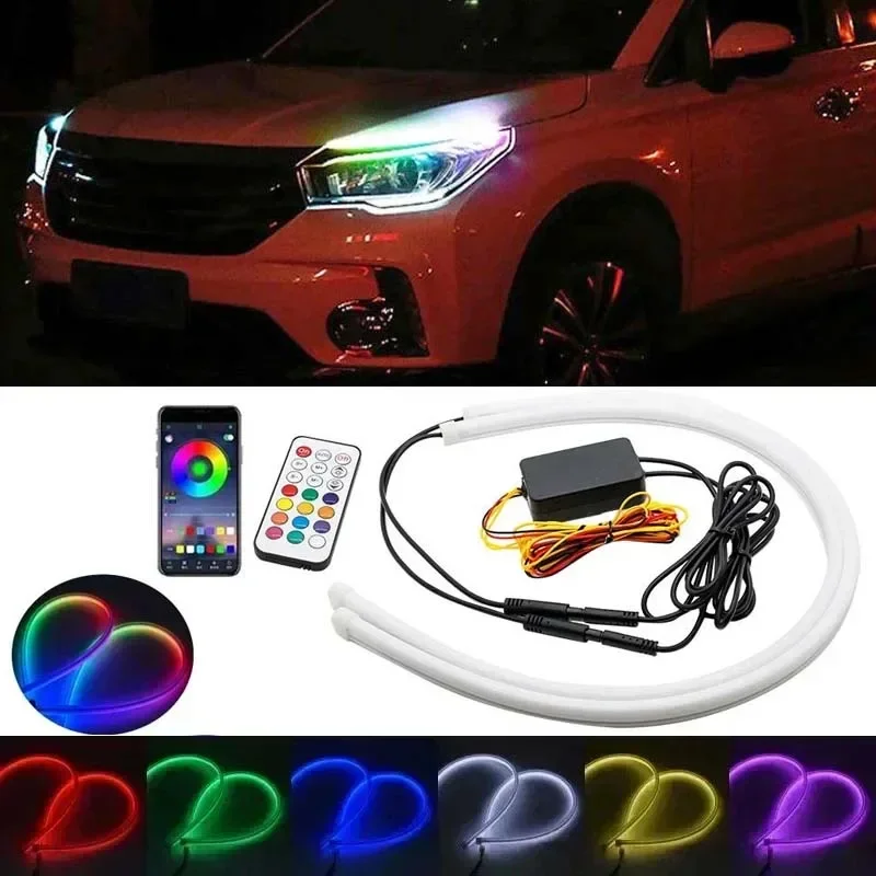 

2 шт., 12 В, гибкие RGB автомобильные фары, светодиодные ленты, автоматические дневные ходовые огни, приложение/дистанционное управление, DRL, плавная лампа указателя поворота, 60 см