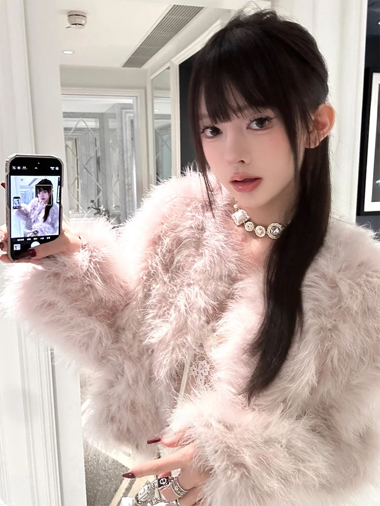 

Женское зимнее пальто Roselyn с отделкой из страусиных перьев, розовое, бренд Ele Ladylike Sle Tagkita