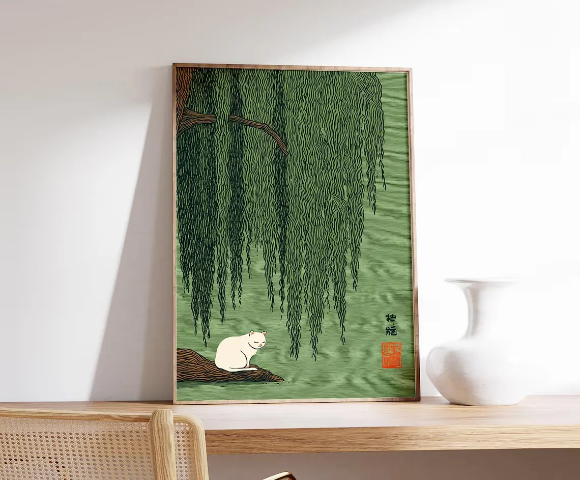 Japanese White Cat & Willow Tree Wall Decor Print - Perfect Gift for Cat Lovers, Fans of Japanese Culture, or Anyone Who Appreci