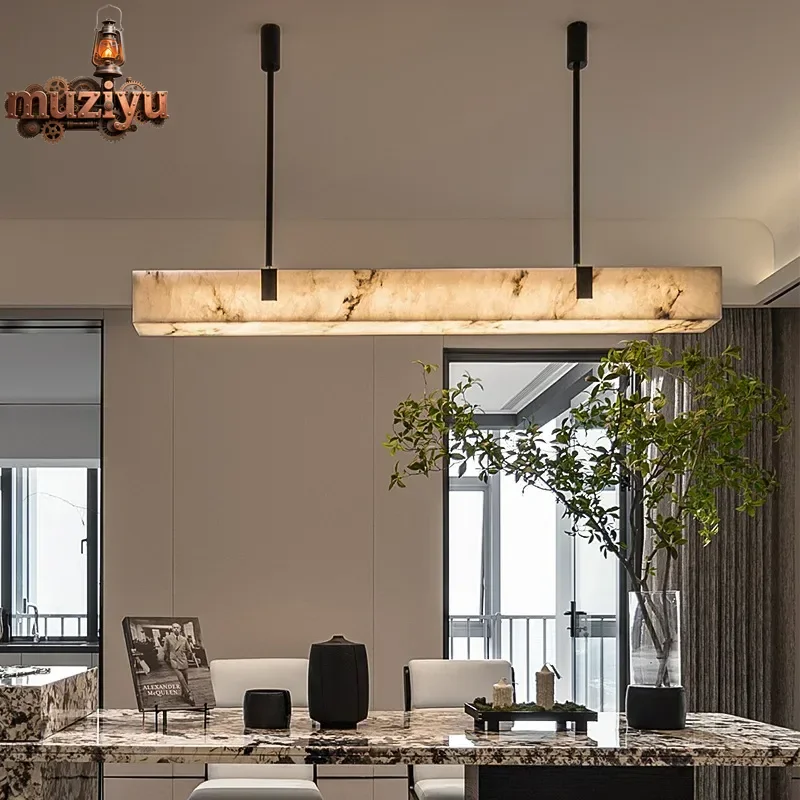 

Muziyu Modern Spanish Natural Marble Chandelier Living Room Dining Room Bar Brass Decorative Long Pendant Lamp Lighting for Livi