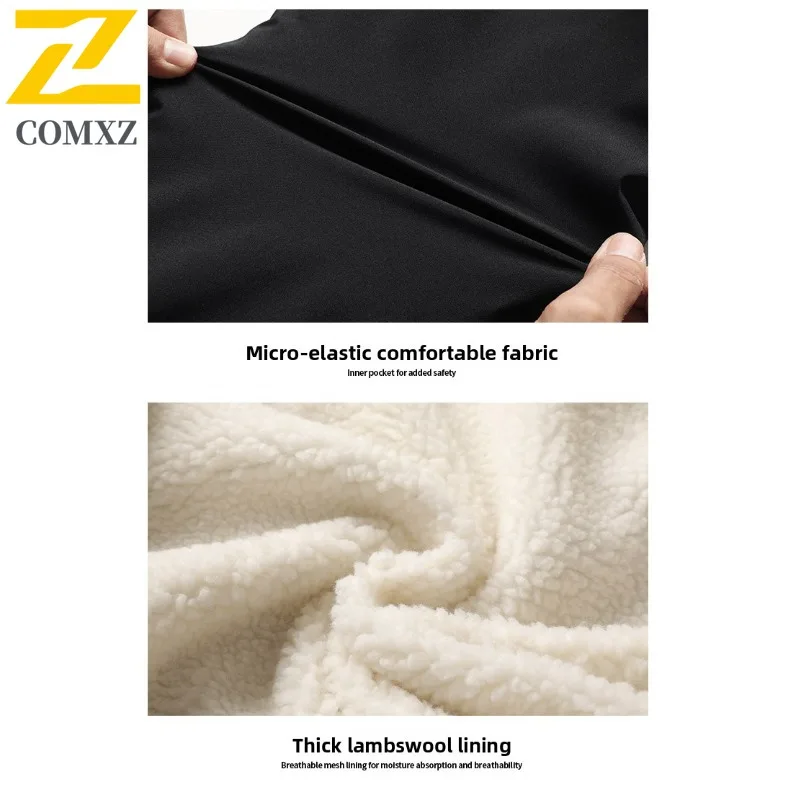 COMXZ 2025 Mens Winter Sherpa Lined Thick Hooded Cotton Jacket Loose Fit Korean Style Waterproof Streetwear Coat windbreaker