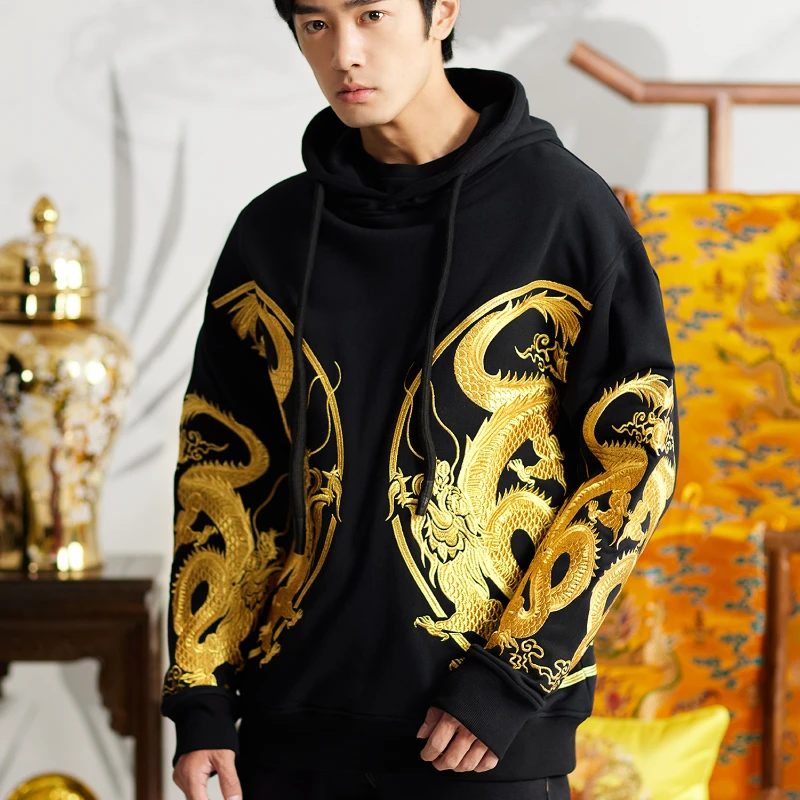 NEW high-end Golden Dragon Xianrui Chinese Style Sweatshirt Golden Dragon Robe Embroidered Hooded Sweatshirt Men Autumn Winter