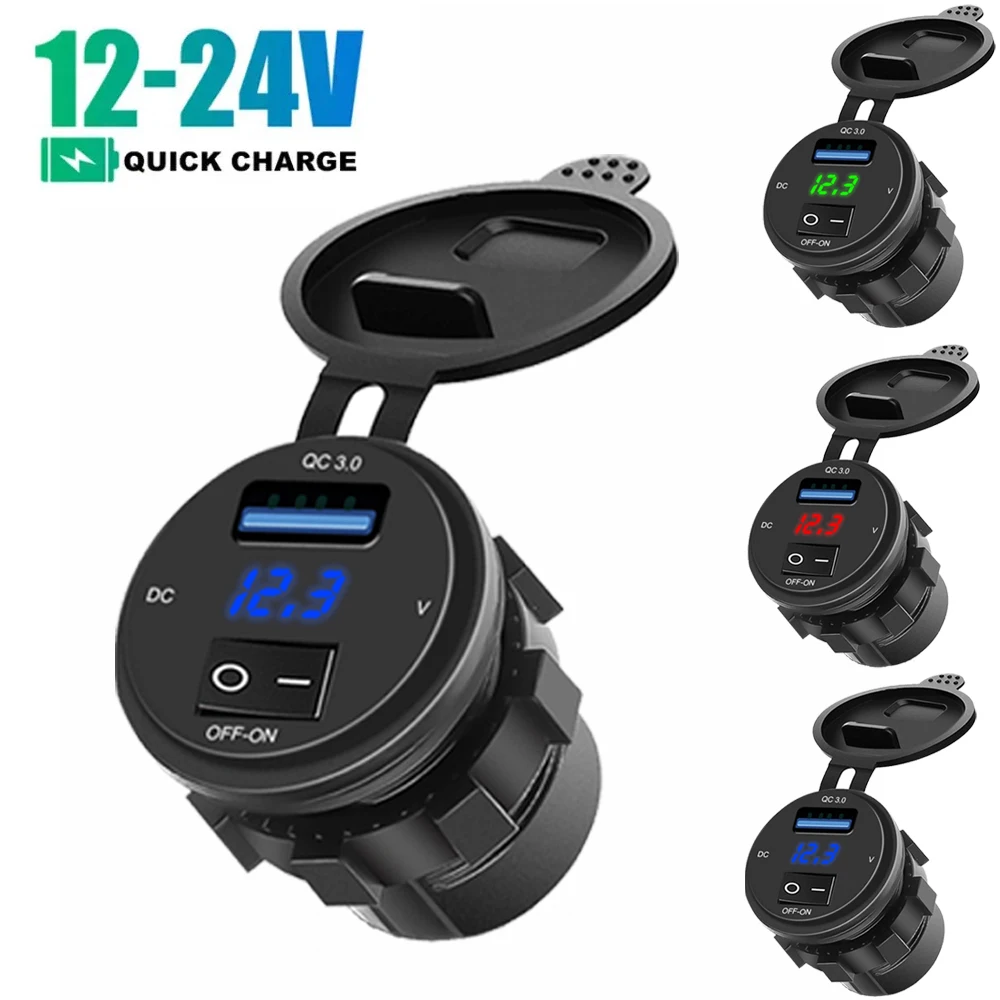 18W QC3.0 USB-Autoladegerät mit LED-Voltmeter EIN/AUS-Schalter 12/24V wasserdichter USB-Steckdose Schnellladung für Auto ATV Boot Motorrad