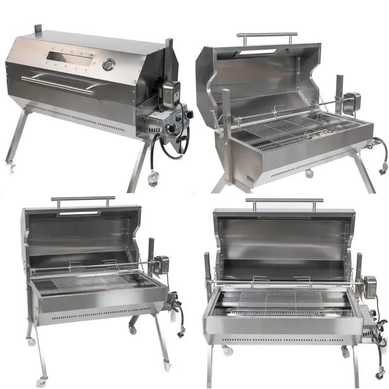 Double Location Modern Stainless Steel Charcoal Rotisserie Grill Pig Lamb Spit Roaster Adjustable Heavy Trolley Bbq