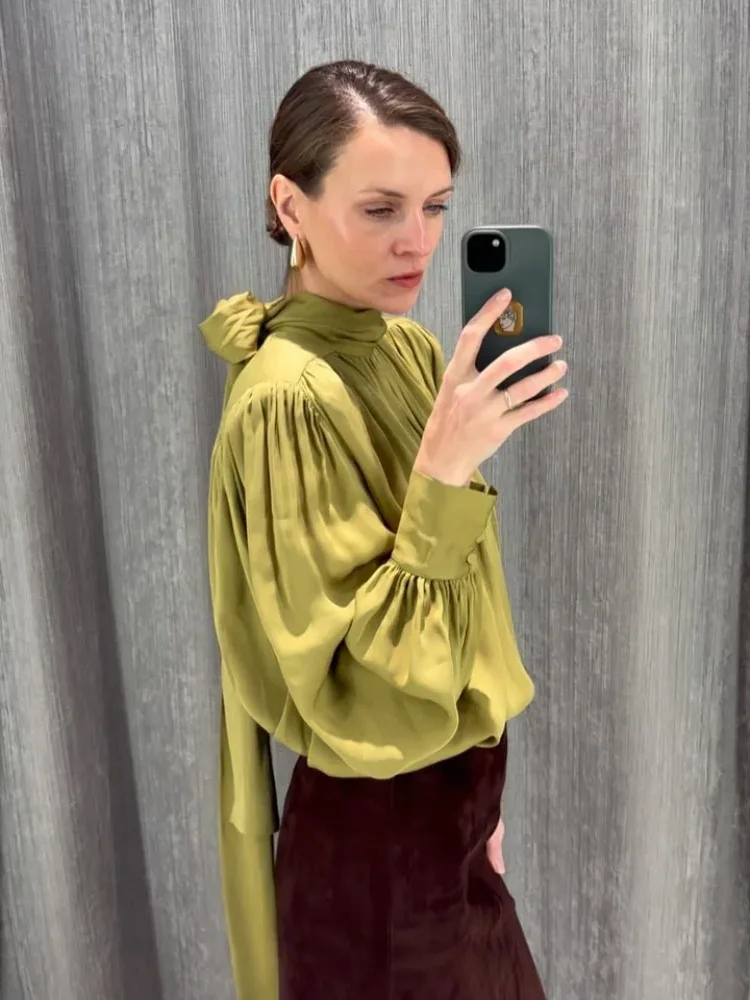 

Elegant Women's Solid Satin Lace Up Blouse Chic High Neck Back Puff Sleeve Short Top Fashion 2026 Lady Wedding Party Street Tops