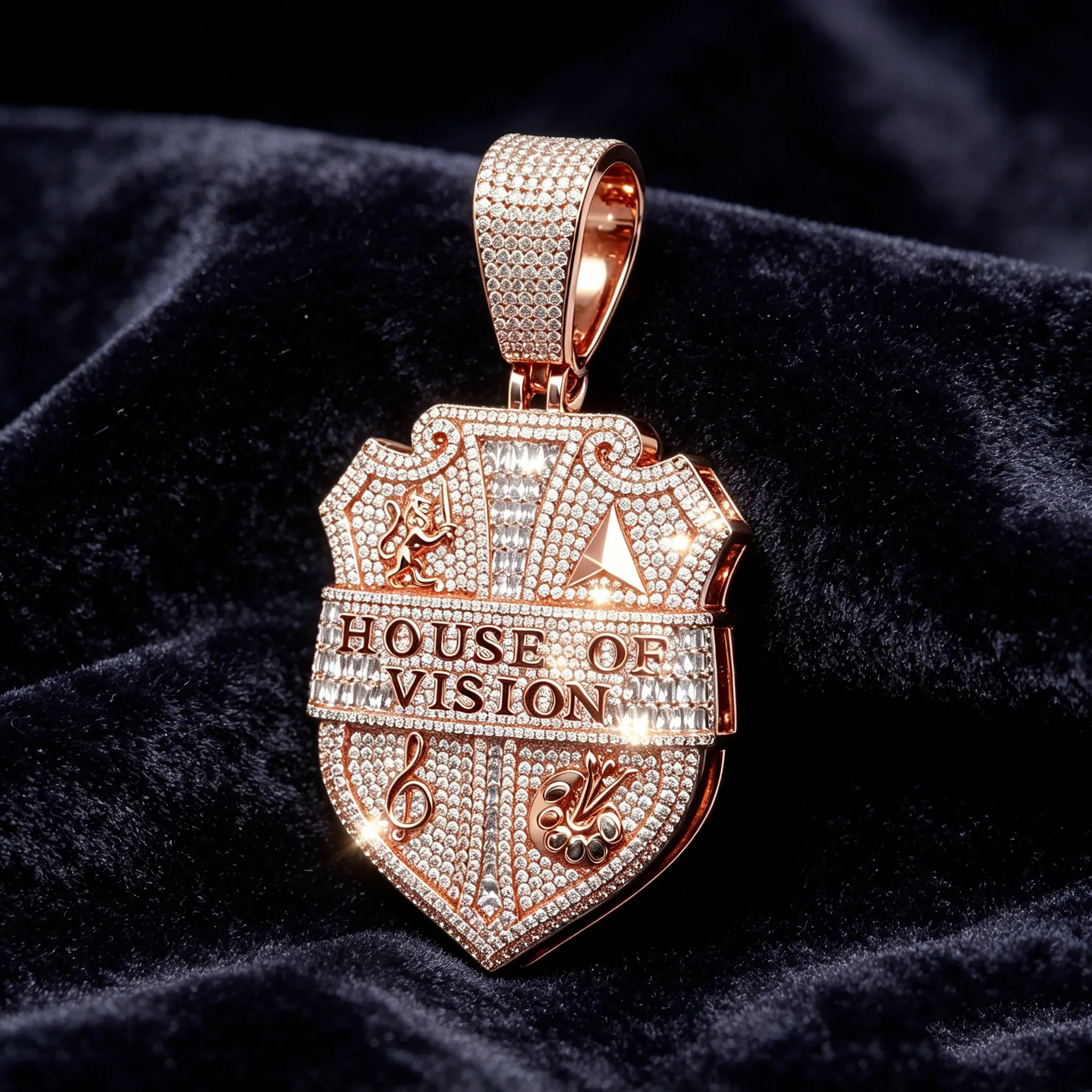 Iced Out multicolored CZ Hip Hop Necklace Charm Letter "HOUSE OF VISION" Shield Pendant For Men Wearing music festival gifts view 4