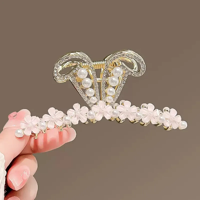 Large-Sized Shark Hair Clip with Blue Glaze Flower and Rabbit Ears for Women Women's Hair Accessory Chic Forest Style