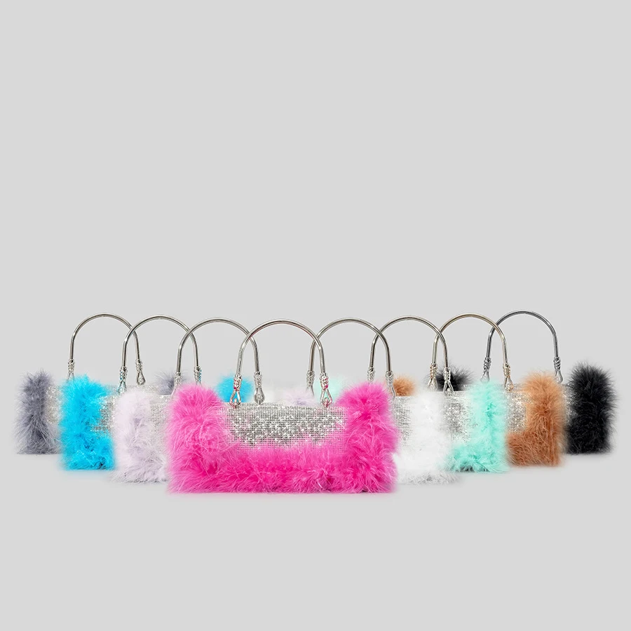 Luxury Ostrich Feathers Diamonds Evening Bags Rhinestone Women Handbag Faux Fur Shoulder Crossbody Bag Glitter Party Small Purse