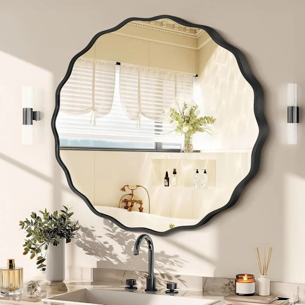 

24 Wavy Decorative Wall Mirror, Brushed Steel Frame, Shatter-Resistant Glass for Bathroom, Entryway, Bedroom