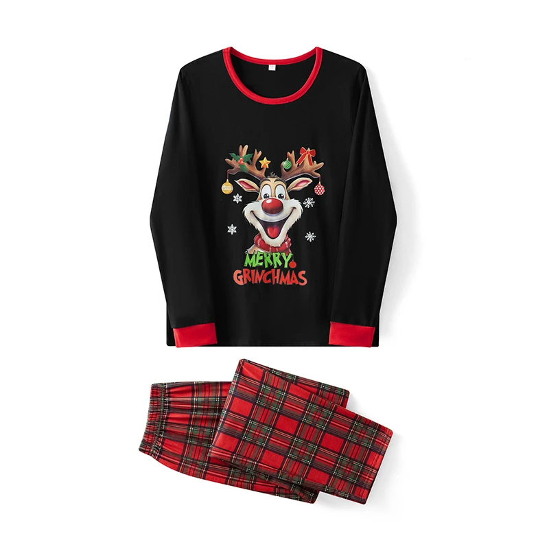 Christmas Family Matching Pajamas Set with Reindeer Print Tops and Plaid Pants for Cozy Loungewear and Sleepwear