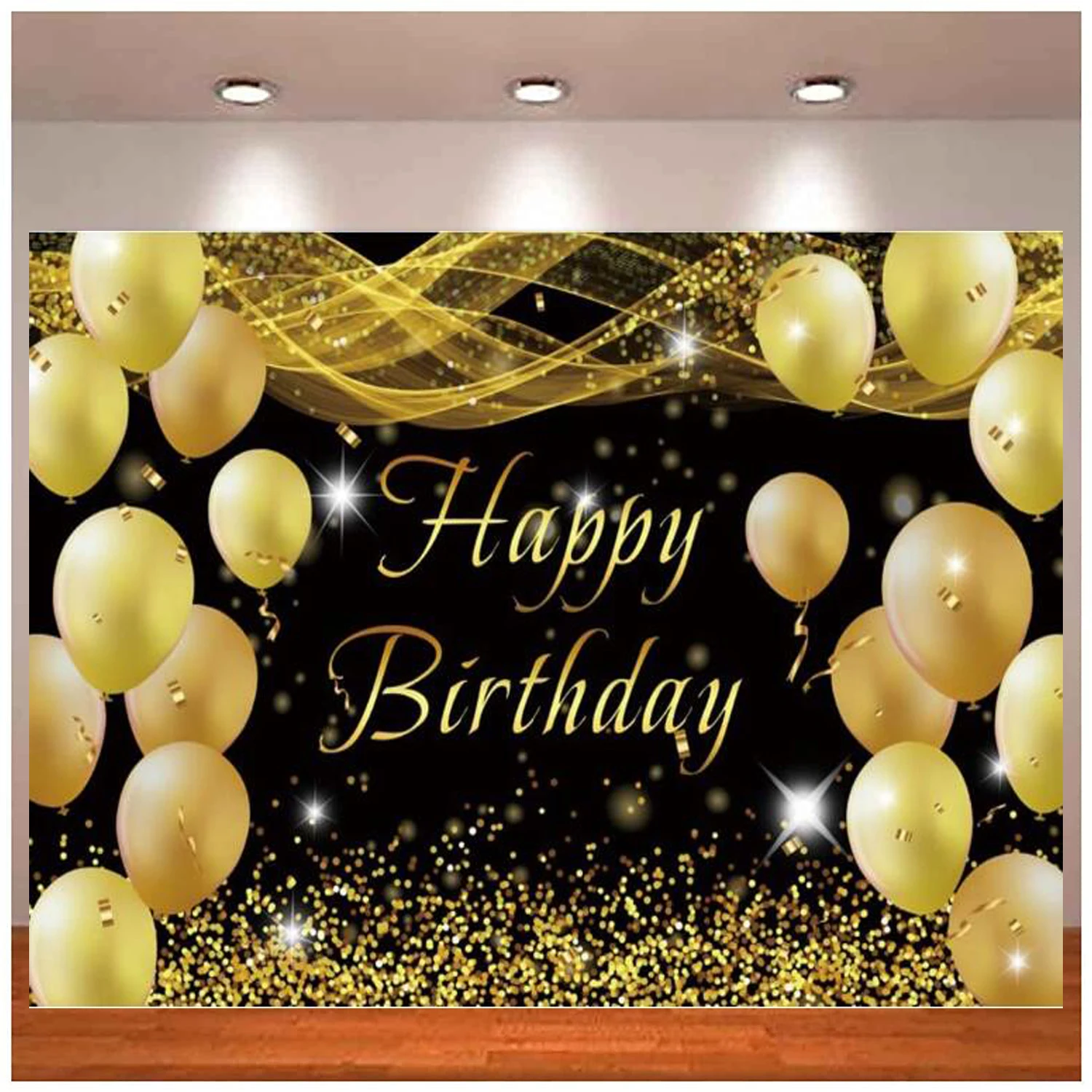 

Gold Balloons Happy Birthday Themed Photography Backdrop Glittering Sparkle Golden Ribbon Background Sweet Girl's Party