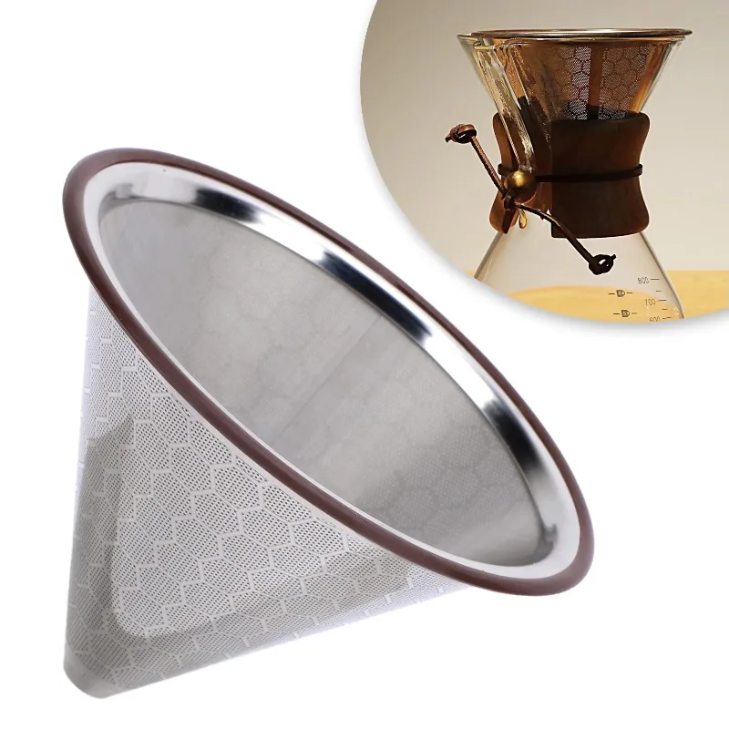Stainless Steel Pour Over Coffee Dripper Cone Reusable Metal Coffee Filter with Rubber Loop Paperless for 1 To 3 Cups