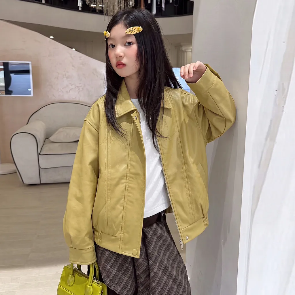 Cool Girls PU Leather Jacket Yellow Autumn Lapel Zip Up Children Motorcycle Coat