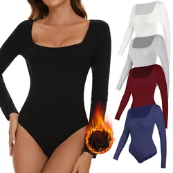 Women's Autumn And Winter Thermal Underwear Solid Long-sleeved Square-necked Jumpsuit Warm Slimming  Breathable Bodysuit