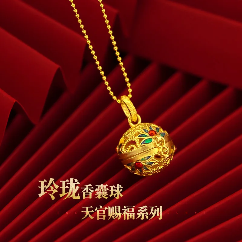 9999 24K real gold antique style blue burning sachet enamel pendant for women ethnic hollow incense burner pendant for men