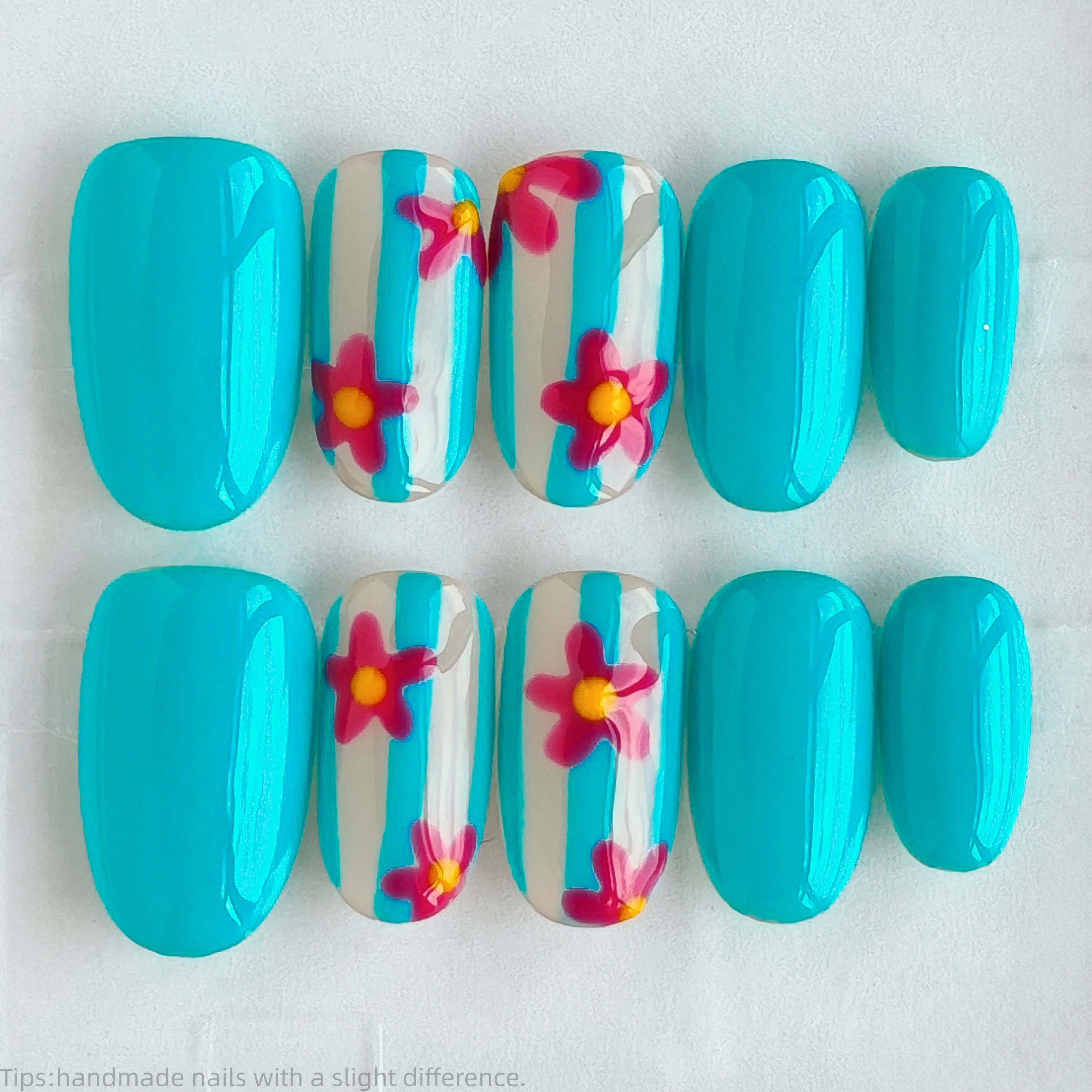 10Pcs Handmade Press on Nails Bright Blue Striped Flower Oval False Nails Sweet Style Wearable Reusable Fake Nail Tips
