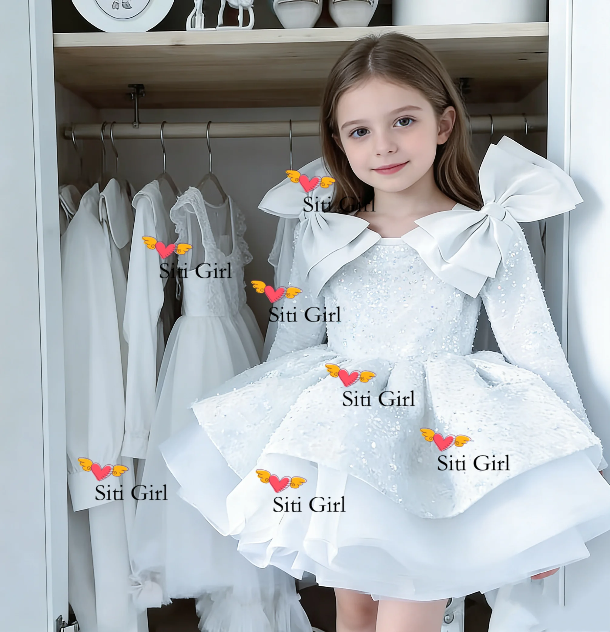 

Белое платье принцессы с цветочным узором для девочек на свадьбу, расшитое бисером длиной выше колена, пышное вечернее платье принцессы с галстуком-бабочкой