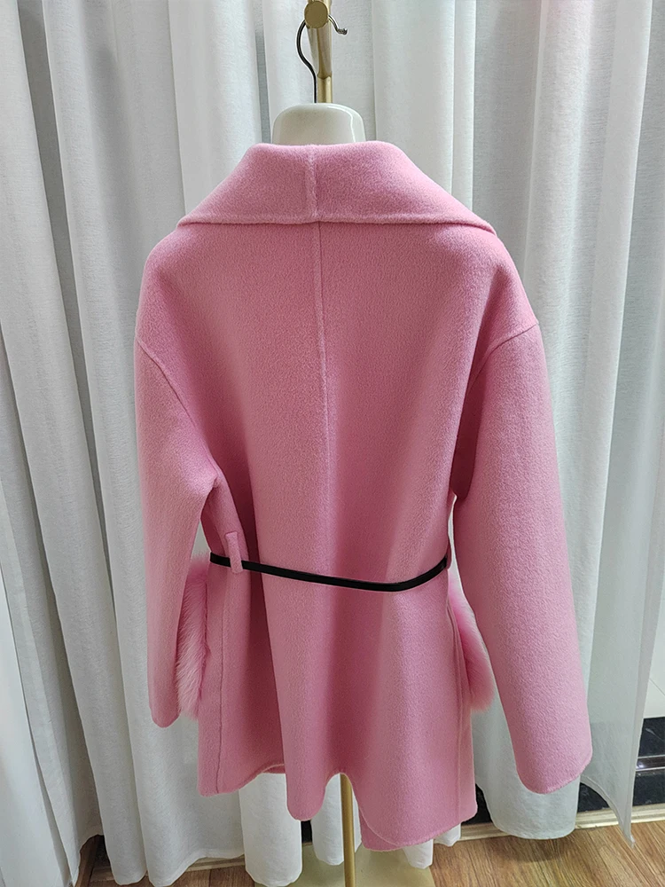 2024 New Winter Real Natural Fox Fur Pocket Coat Ladies Outwear Female Coat Cashmere Wool Woolen Women Luxury Jacket