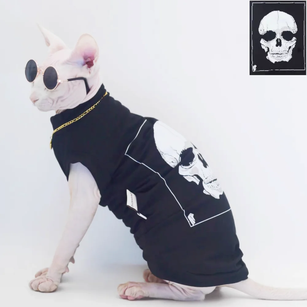 Halloween Costumes for Cat Dogs Black Skeleton T-shirt for Sphinx Winter Soft Undercoat for Kittens Loungewear for Devon Rex