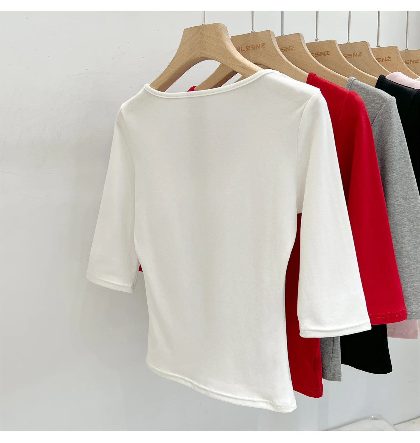 Zjaiss Women's White Base Top 2026 New U-Neck Three-Quarter Sleeve Tee for Spring & Summer Solid Versatile Casual Simple T-Shirt