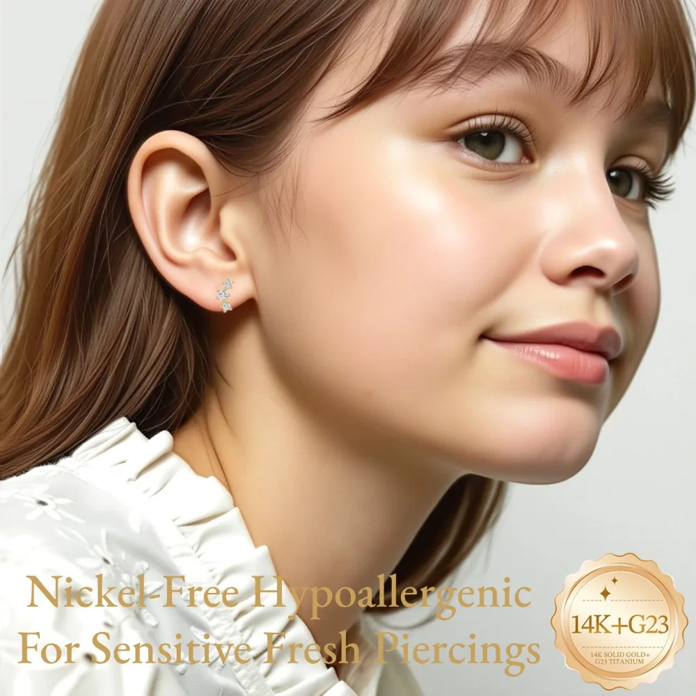 DIeSchein 14K Gold Stud Earrings for Women 18G Curved 3 CZ Climber Flat Back Earrings Gold for Piercing Cartilage Hoop Earrings