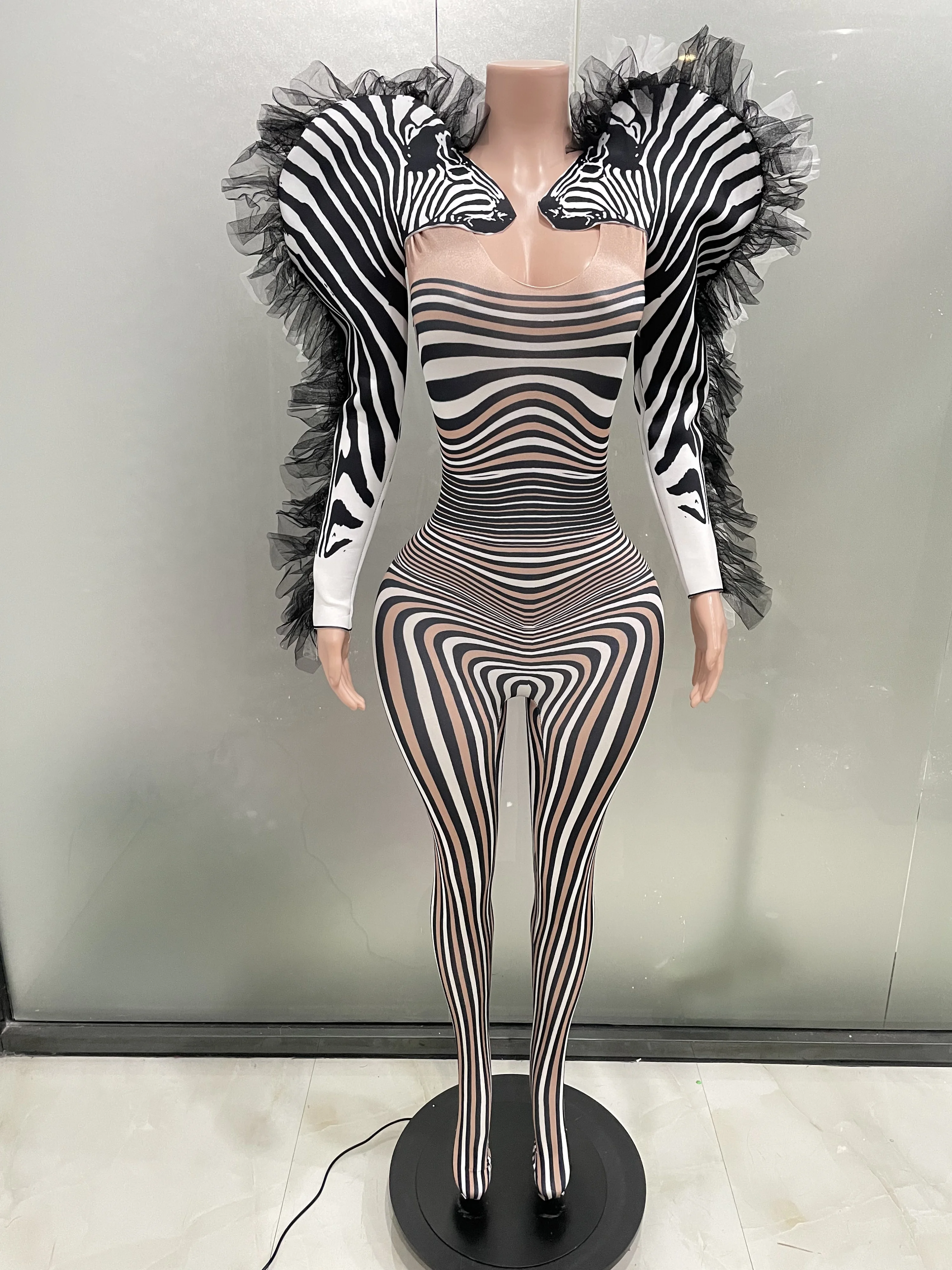 Stock Women Zebra Ruffles Long Sleeve Jumpsuit Halloween Birthday Party Costume Bar Nightclub Stage Performance Rompers