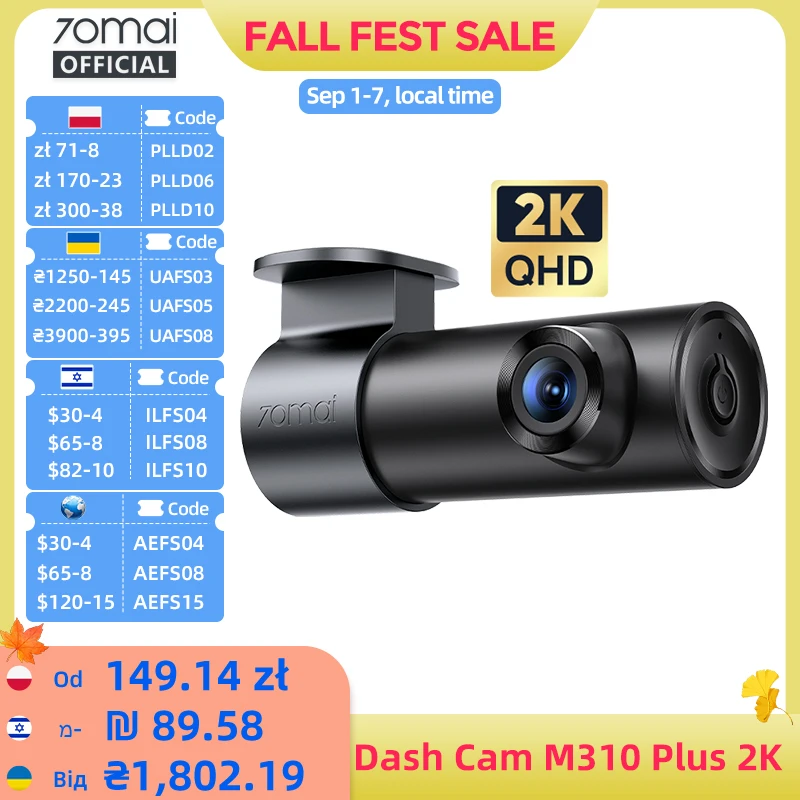 70mai M310 Plus 2K 1440P Dash Cam 143°FOV f/1.55 Large Aperture Smart Voice C...