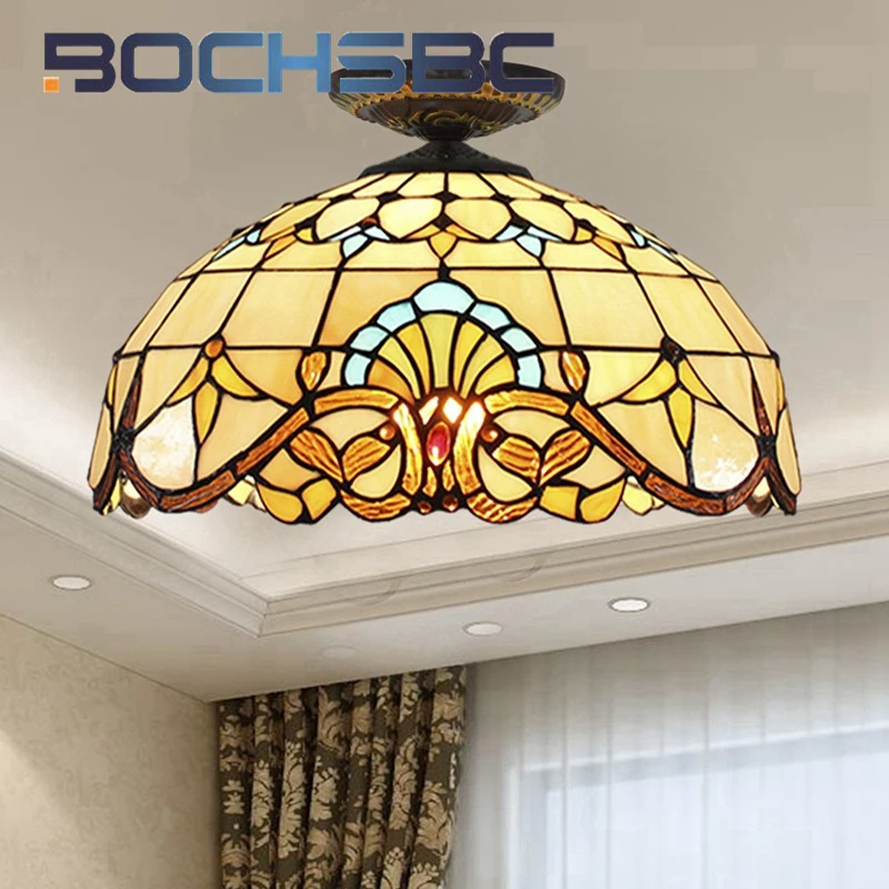 BOCHSBC Tiffany style stained glass 16inch yellow Baroque overhead light for dining room bedroom aisle ceiling light LED decor