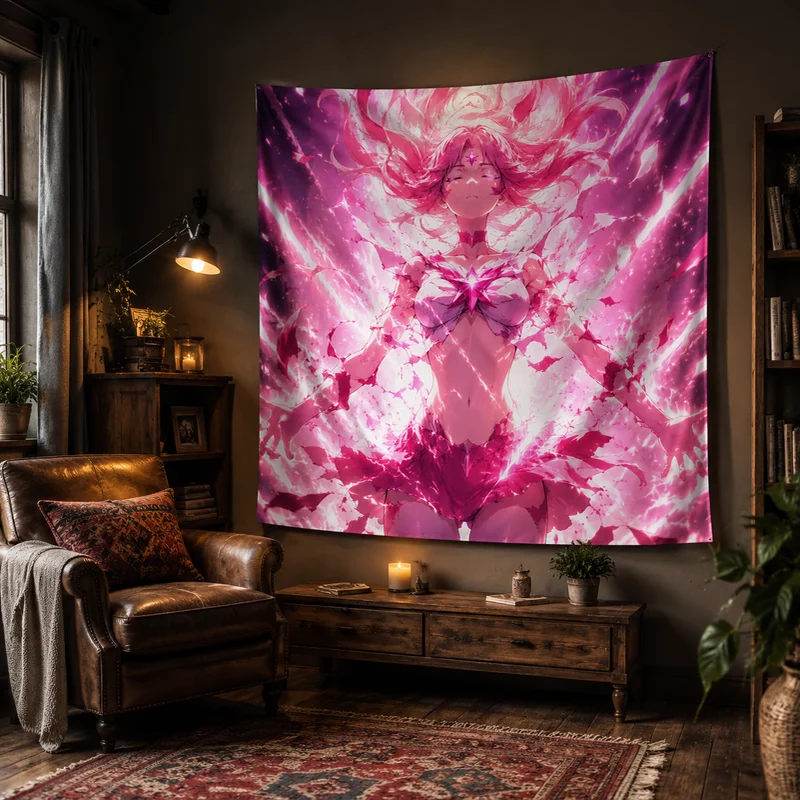VIKAMA Pink Light Magic Girl Awakening Tapestry Super Beautiful Pink Energy Explosion Anime Printing Anime Room Decoration