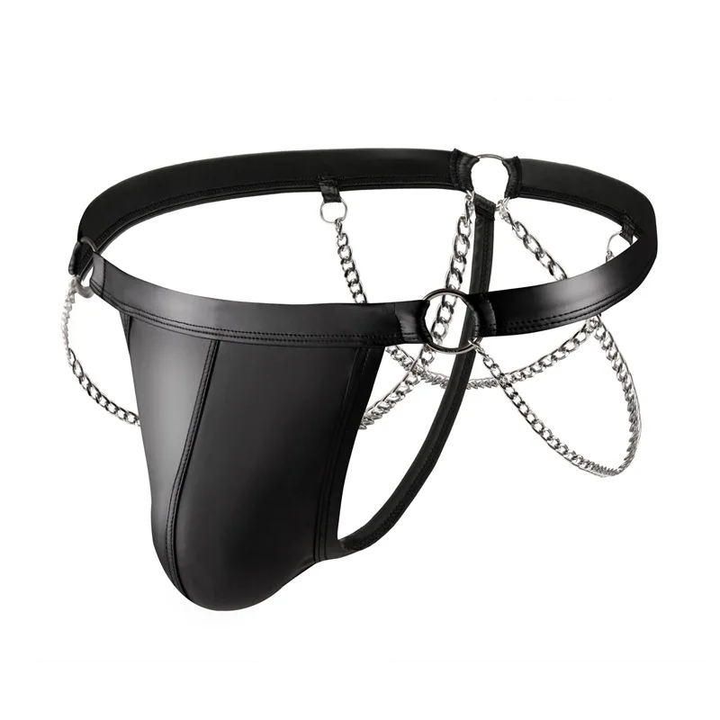 Sexy Gay Underwear Mens G-string Thongs Black Faux Leather Jockstraps Man Lingerie Erotic Penis Chain Ring Strap Panties Cueca