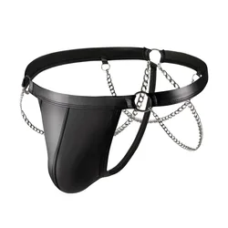 Sexy Gay Underwear Mens G-string Thongs Black Faux Leather Jockstraps Man Lingerie Erotic Penis Chain Ring Strap Panties Cueca