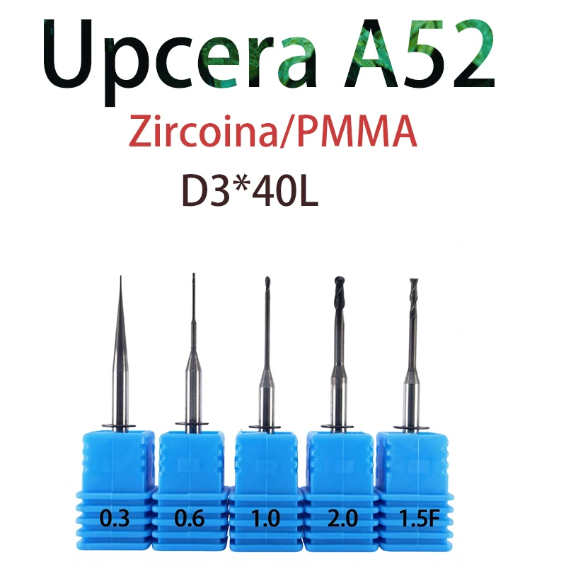 Upcera A52 Dental CADCAM Fräsbohrer für Zirkonoxid DC/DLC, PMMA Laborfräser Schaft 3mm, Länge 40mm für Zirkonoxidblock, PEEK