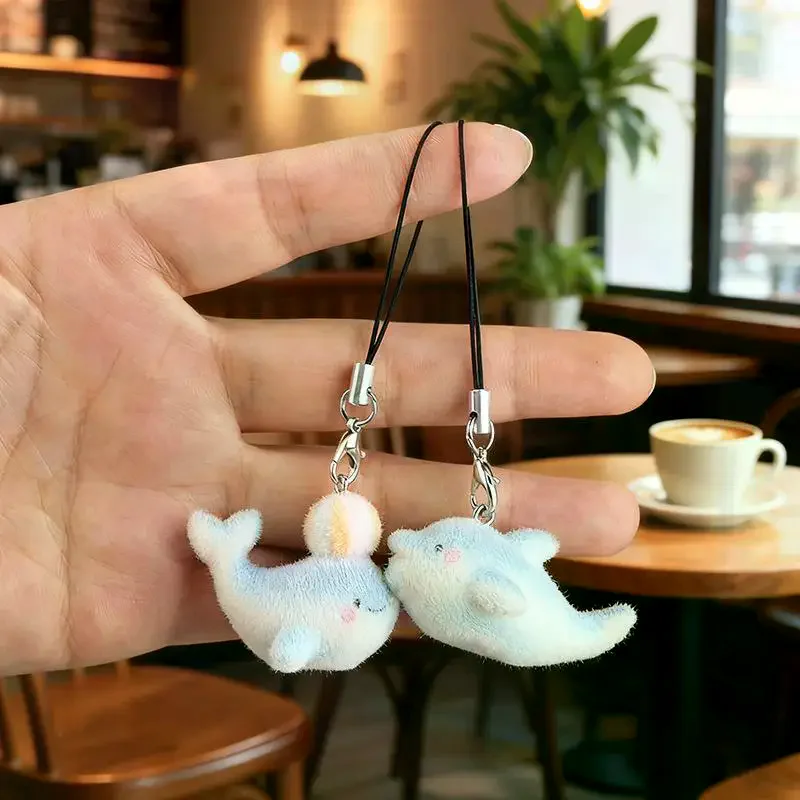 1Pcs Resin Cute 3D Dolphin Flocking Doll Pendant Phone Chain Fluffy Shark Turtle Animal Keychain For Bag Car Key Ring Gift