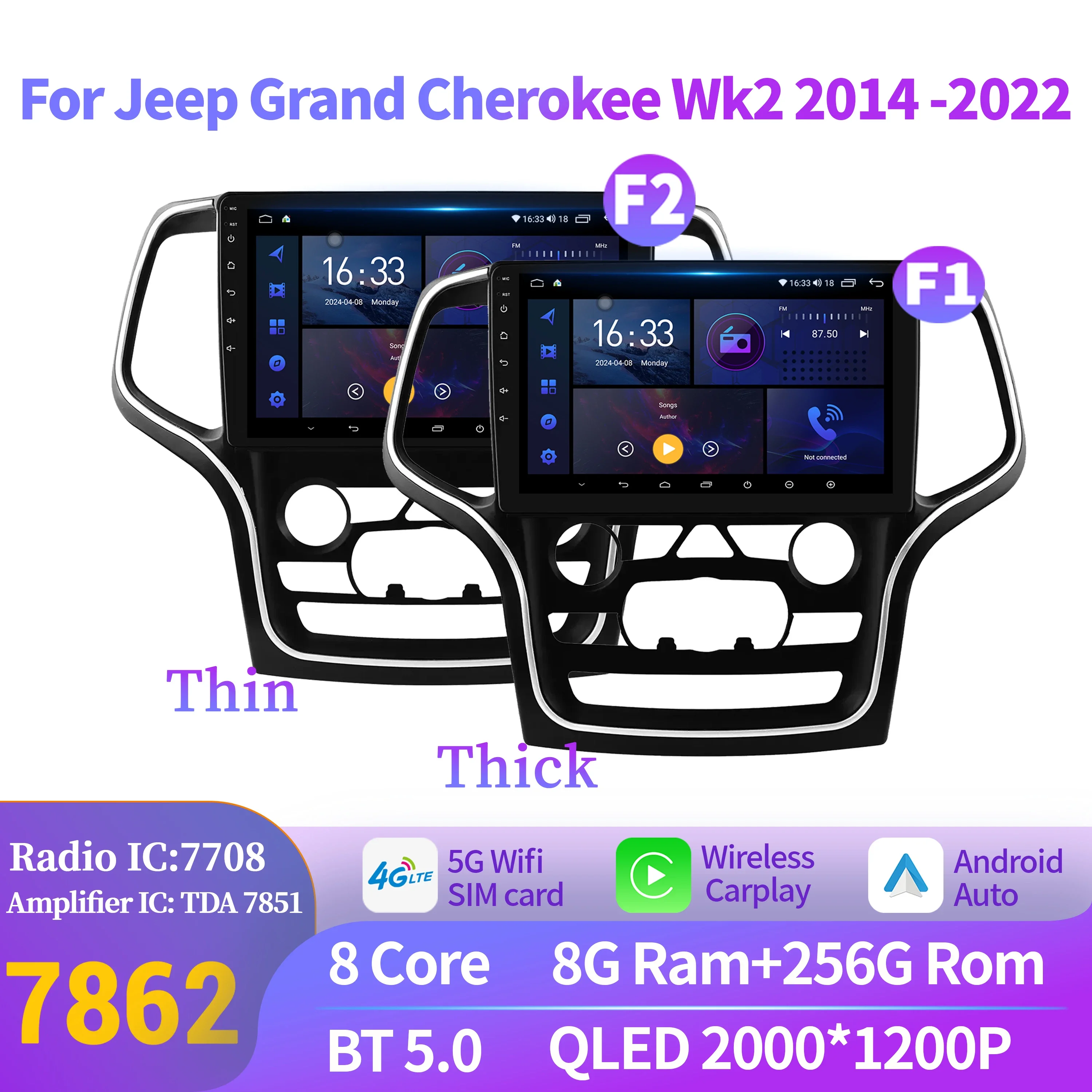 

Android 14 Car Radio Carplay For Jeep Grand Cherokee Wk2 2014-2022 Stereo Multimedia Player BT 7862S 8G 256G 2K QLED Screen