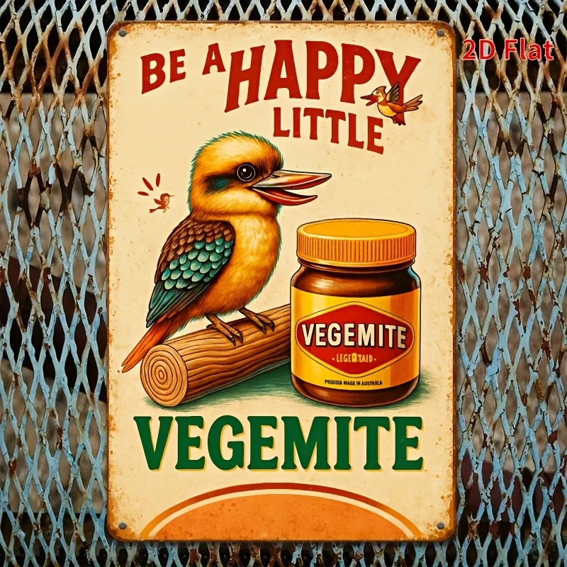 

2D плоская жестяная табличка VEGEMITE - 8x12 дюймов, винтажный австралийский юмористический настенный декор с изображением птицы и банки, прочная металлическая табличка из железа