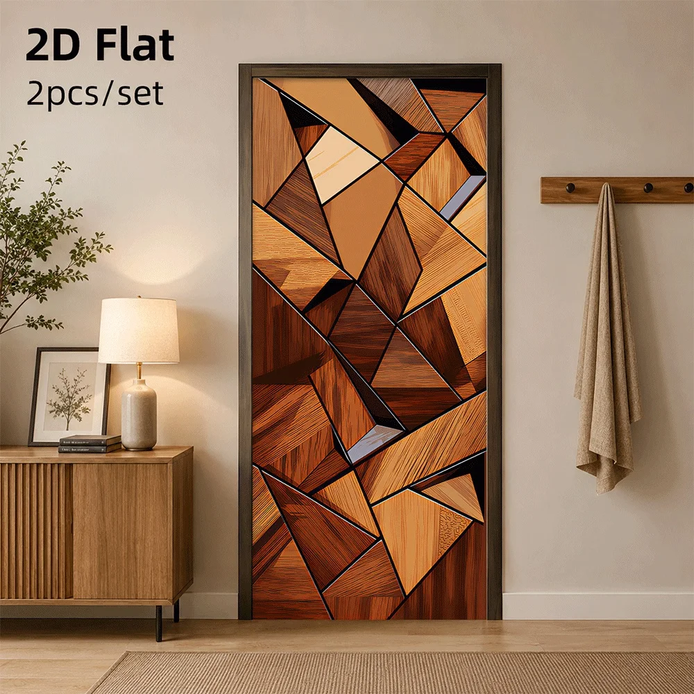 1 piece of imitation wood grain geometric splicing door sticker self-adhesive waterproof upgrade home style suitable for bedroom