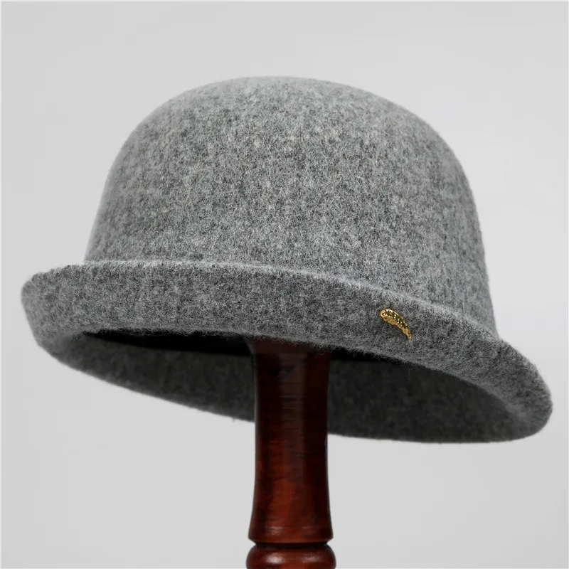 Wollrollrand-Bucket-Hut für Damen, weiche, warme Filz-Cloche-Kappe, einfarbig, Herbst-Winter, lässiger Fischerhut, Alltagskopfbedeckung – Detail 9