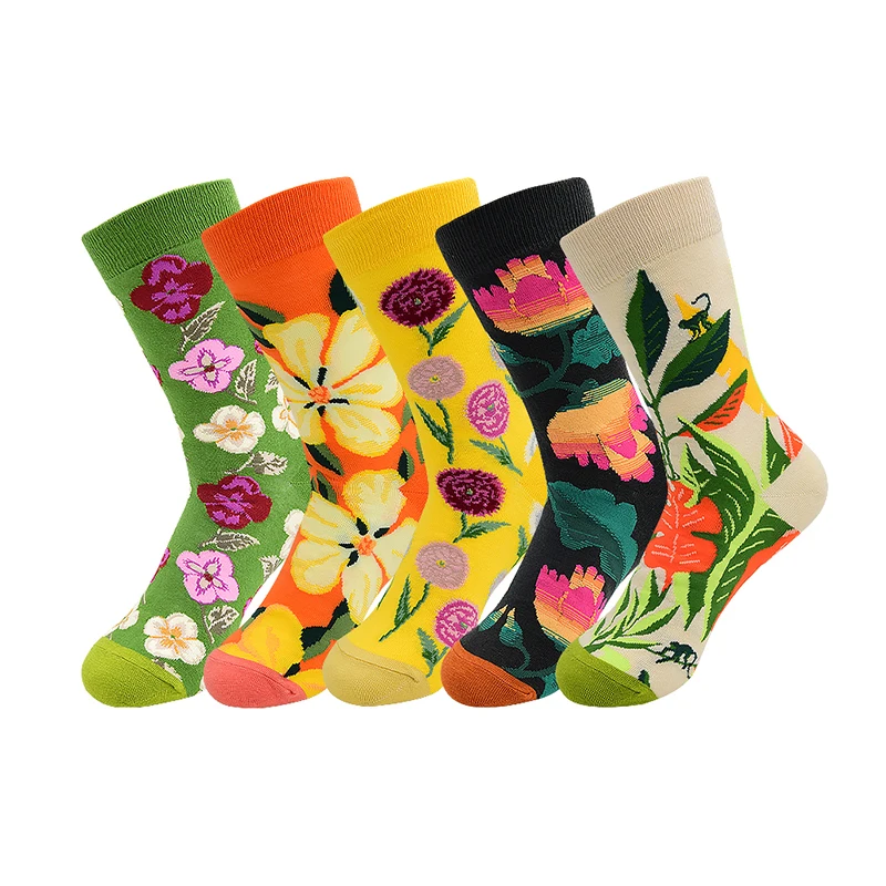 5 Pairs New Arrivals Combed Cotton Women Socks Unisex Cute Floral Styles 8 Color Happy Funny Casual Female Breathable Crew Socks