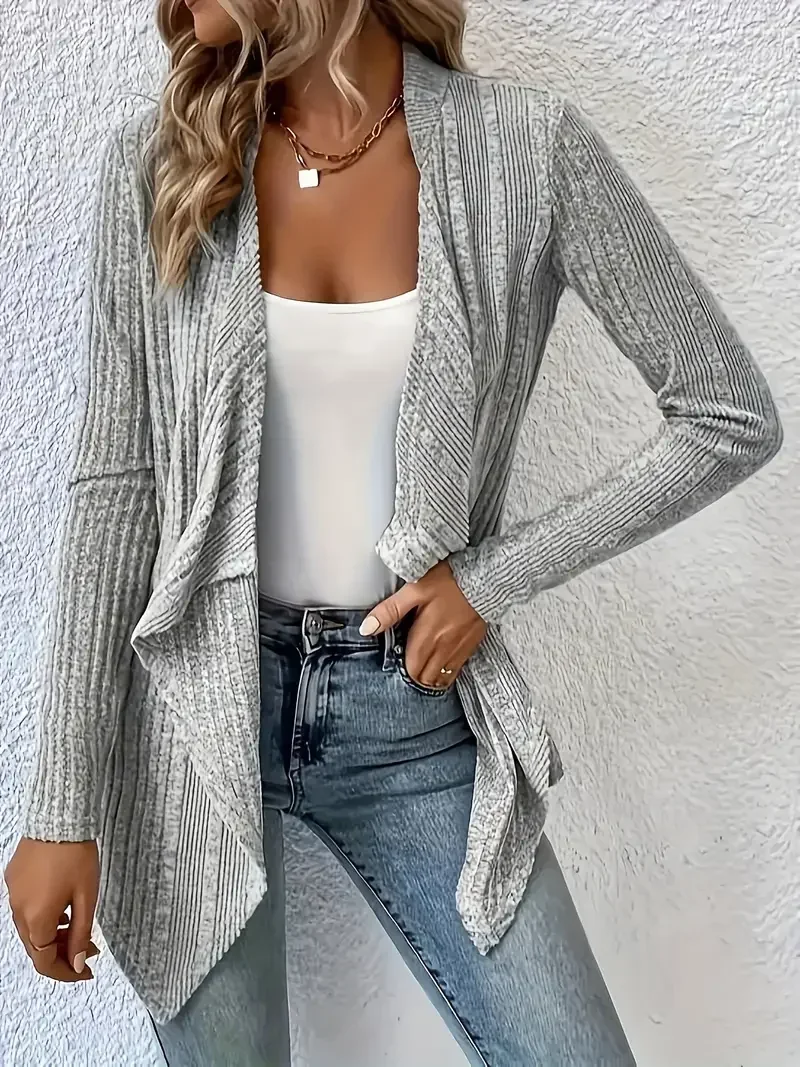 Plus Size 1XL-5XL Women\'s Fashion Long Sleeved Cardigan Casual Solid Color Ribbed Cardigan Loose Spring and Autumn Cardigan