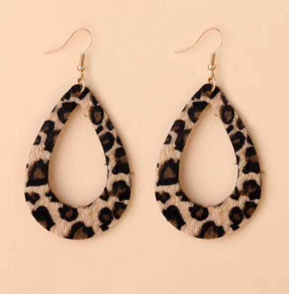 European and American pattern water drop leather earrings, five-pointed star earrings,leopard pattern earrings, printed earrings