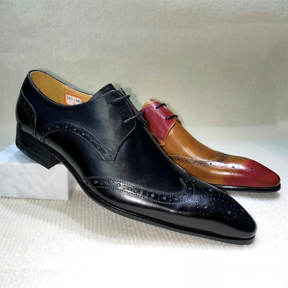 Brown Genuine Leather Brogue Shoes Handmade Casual Oxfords Breathable Lace-Up Dress Shoes Spring Autumn Fashion Size 39-46