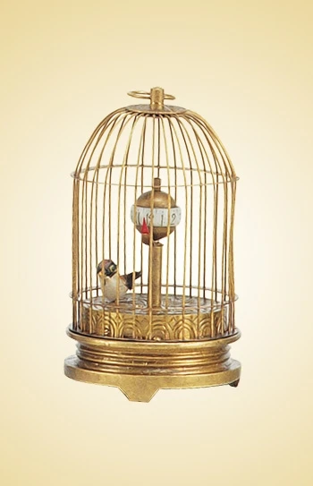 Large Vintage Interesting Wind up Brass Cloisonne Floral Base Birdcage Bird Mechanical Table Clock for Collection, Decoration