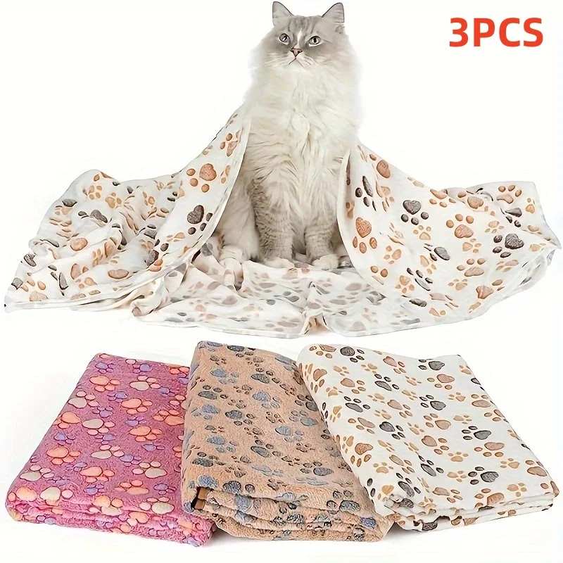 Couverture polaire en flanelle douce pour chat et chien, 3 pièces, tapis de lit, imprimé patte de pied, couverture chaude pour animaux de compagnie, lits de couchage, fournitures pour animaux de