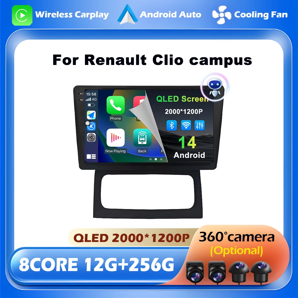 For Renault Clio campus Car Android 14 Carplay Radio Navigation GPS Multimedia Video Player DSP 4G+WIFI Android Auto 9 inch BT