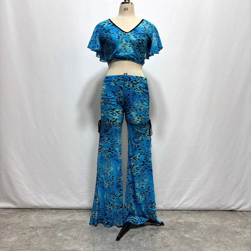 customized belly dance costume new niche printed mesh practice suit set Eastern dance costume pants exposed bellydancing wear