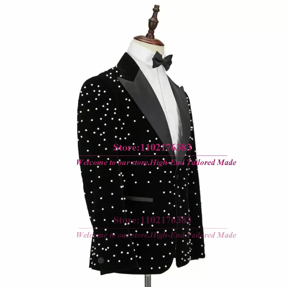 Luxury Boy Suits For Wedding Black Satin Lapel Velvet Blazer White Pearls Kid Party Dress Tailore-Made 3 Pieces Children Clothes