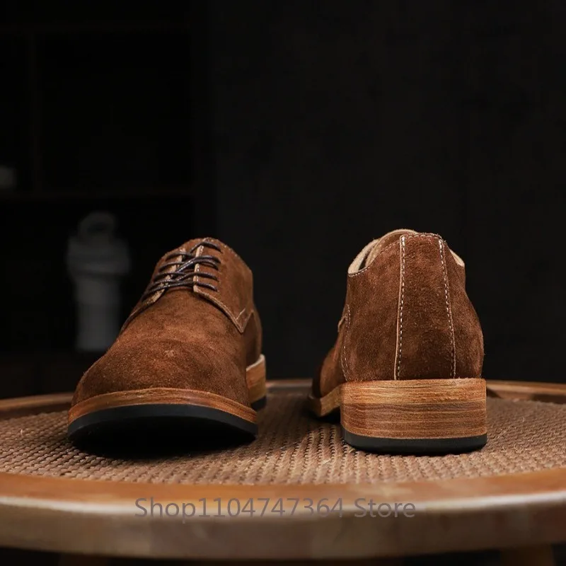 Vintage Cow Suede Derby Dress Shoes Men Handmade British Style Low Top Leather Shoes Male Genuine Leather Casual Derby Horseskin